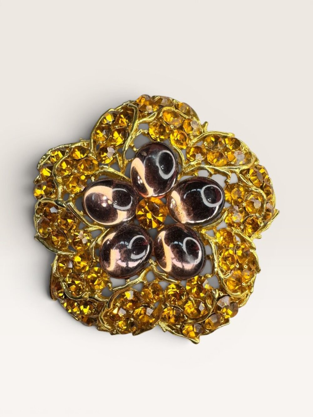 1960s Amber Crystal Lavender Lucite Flower Brooch Gold Tone Openwork Vintage